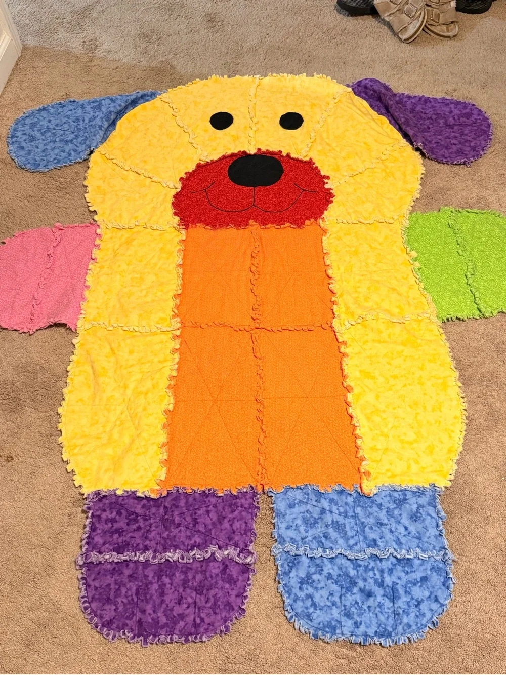 Patchwork Dog Shaped Vintage Quilt - Multi Rainbow Color Baby Blanket - So Cute!